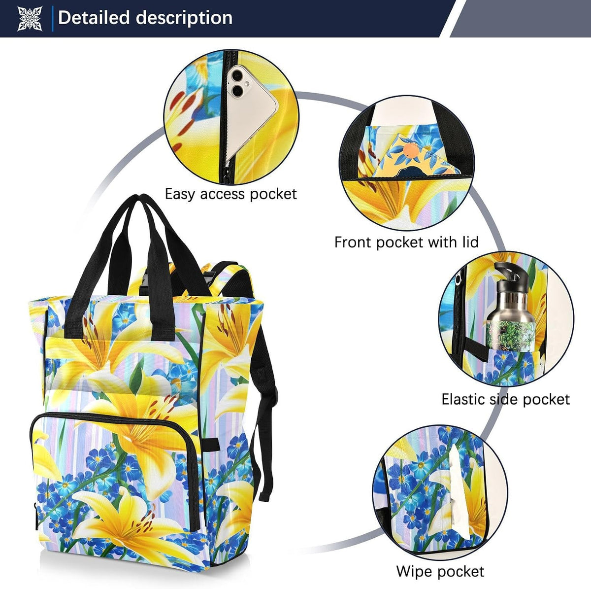 Diaper Bag Backpack, Multifunction Travel Bag for Moms Dads, Baby Changing Bag with Insulted Pockets, Stroller Straps and Side Bottle Pockets Sunlit Lily Stripe Pattern