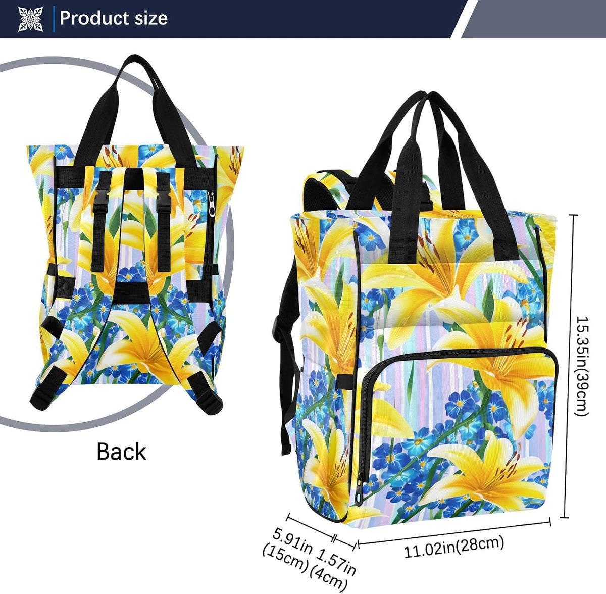 Diaper Bag Backpack, Multifunction Travel Bag for Moms Dads, Baby Changing Bag with Insulted Pockets, Stroller Straps and Side Bottle Pockets Sunlit Lily Stripe Pattern