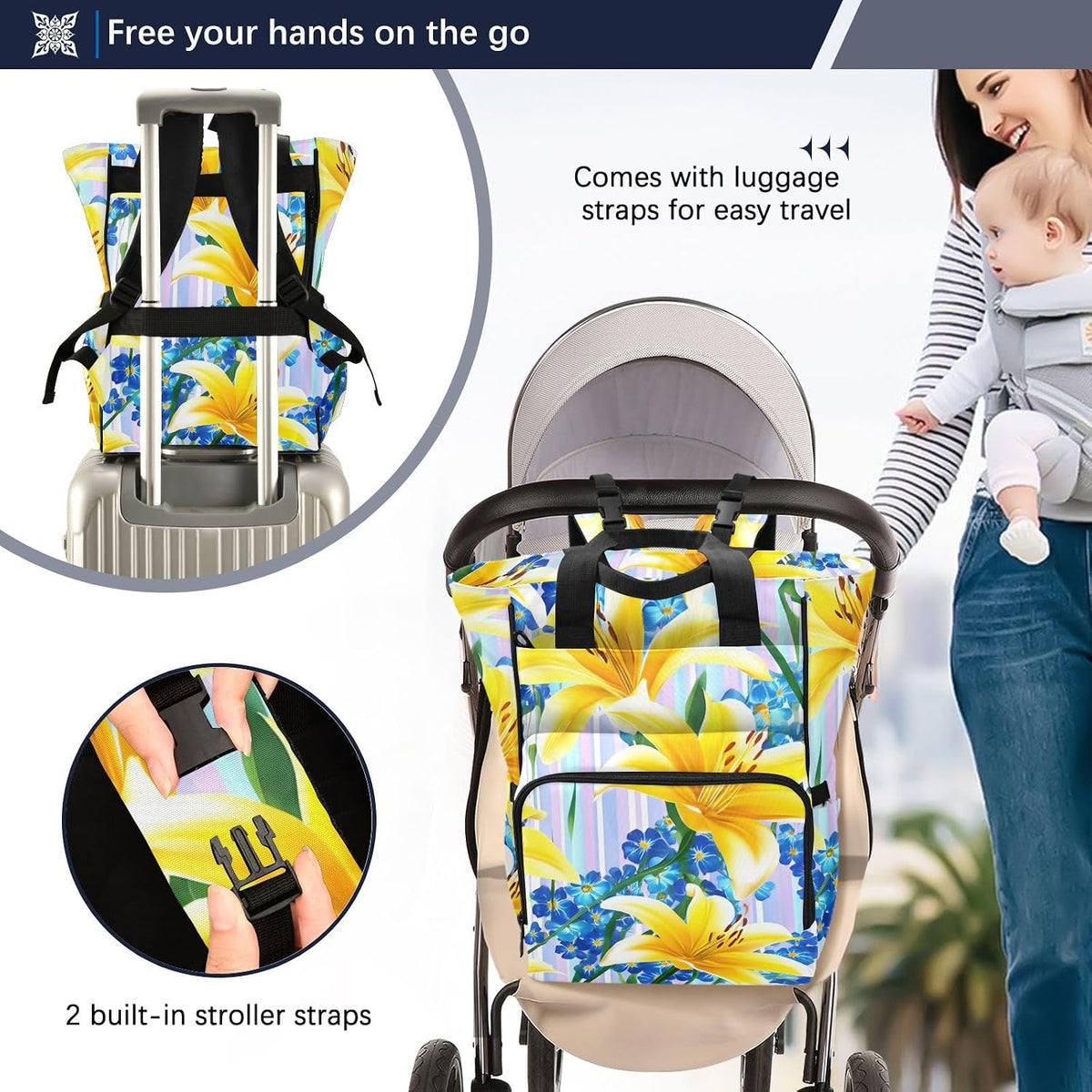 Diaper Bag Backpack, Multifunction Travel Bag for Moms Dads, Baby Changing Bag with Insulted Pockets, Stroller Straps and Side Bottle Pockets Sunlit Lily Stripe Pattern