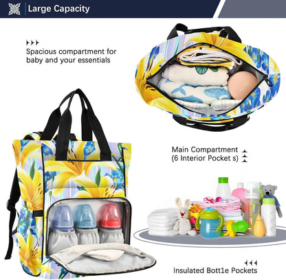 Diaper Bag Backpack, Multifunction Travel Bag for Moms Dads, Baby Changing Bag with Insulted Pockets, Stroller Straps and Side Bottle Pockets Sunlit Lily Stripe Pattern
