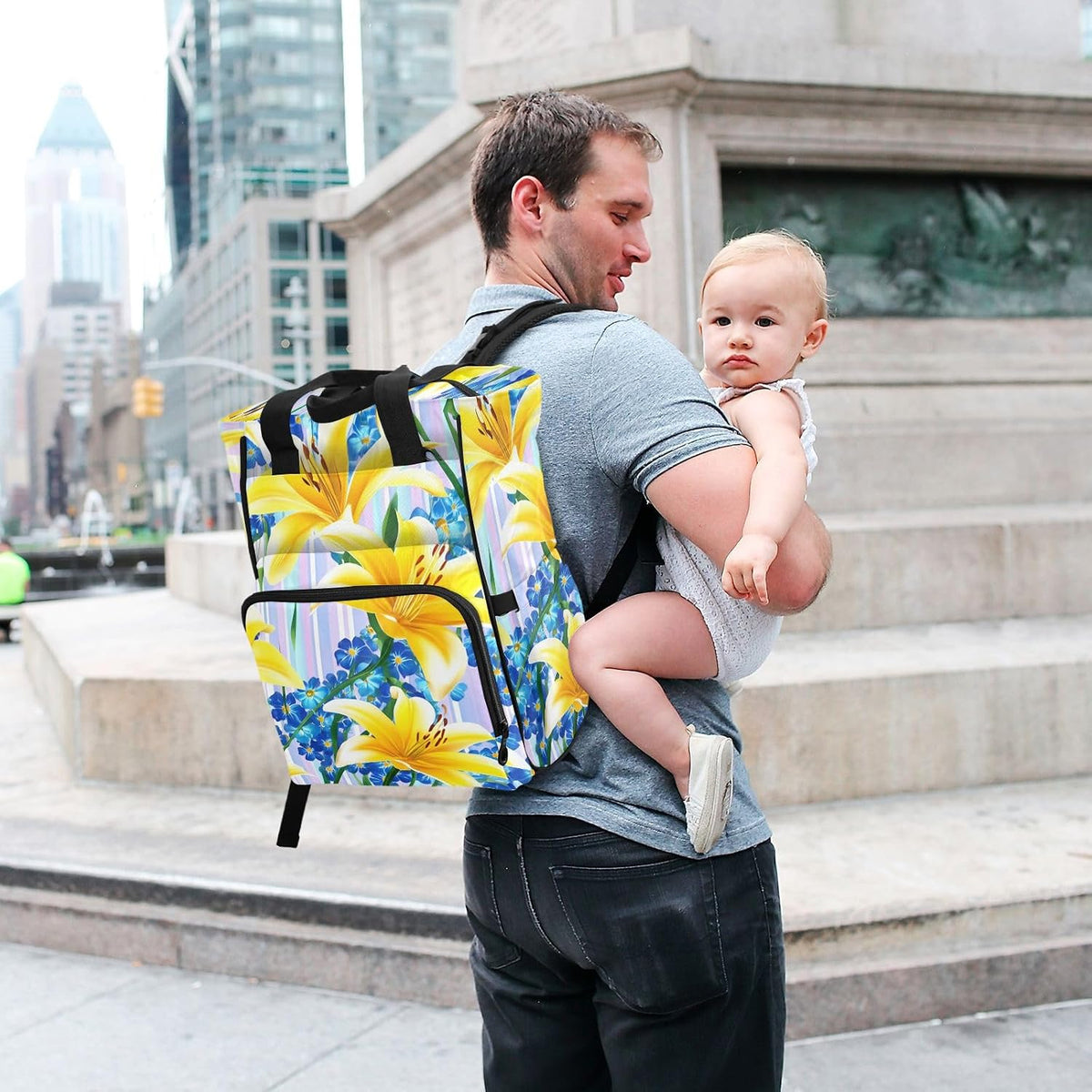 Diaper Bag Backpack, Multifunction Travel Bag for Moms Dads, Baby Changing Bag with Insulted Pockets, Stroller Straps and Side Bottle Pockets Sunlit Lily Stripe Pattern