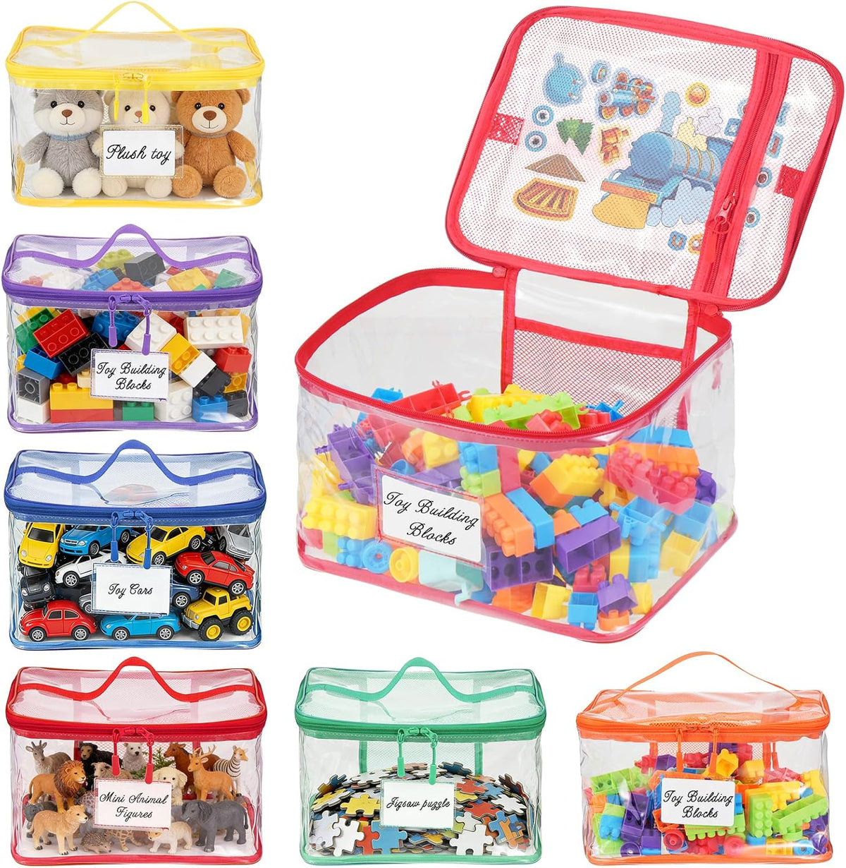6 Pack Clear Toy Storage Bags for Building Blocks Large Waterproof Toy Organizer Bags with Mesh Pocket and Labels Reusable Storage Containers for Board Game Puzzles Building Blocks Stationery