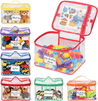 6 Pack Clear Toy Storage Bags for Building Blocks Large Waterproof Toy Organizer Bags with Mesh Pocket and Labels Reusable Storage Containers for Board Game Puzzles Building Blocks Stationery