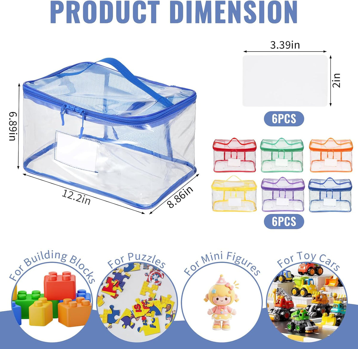 6 Pack Clear Toy Storage Bags for Building Blocks Large Waterproof Toy Organizer Bags with Mesh Pocket and Labels Reusable Storage Containers for Board Game Puzzles Building Blocks Stationery