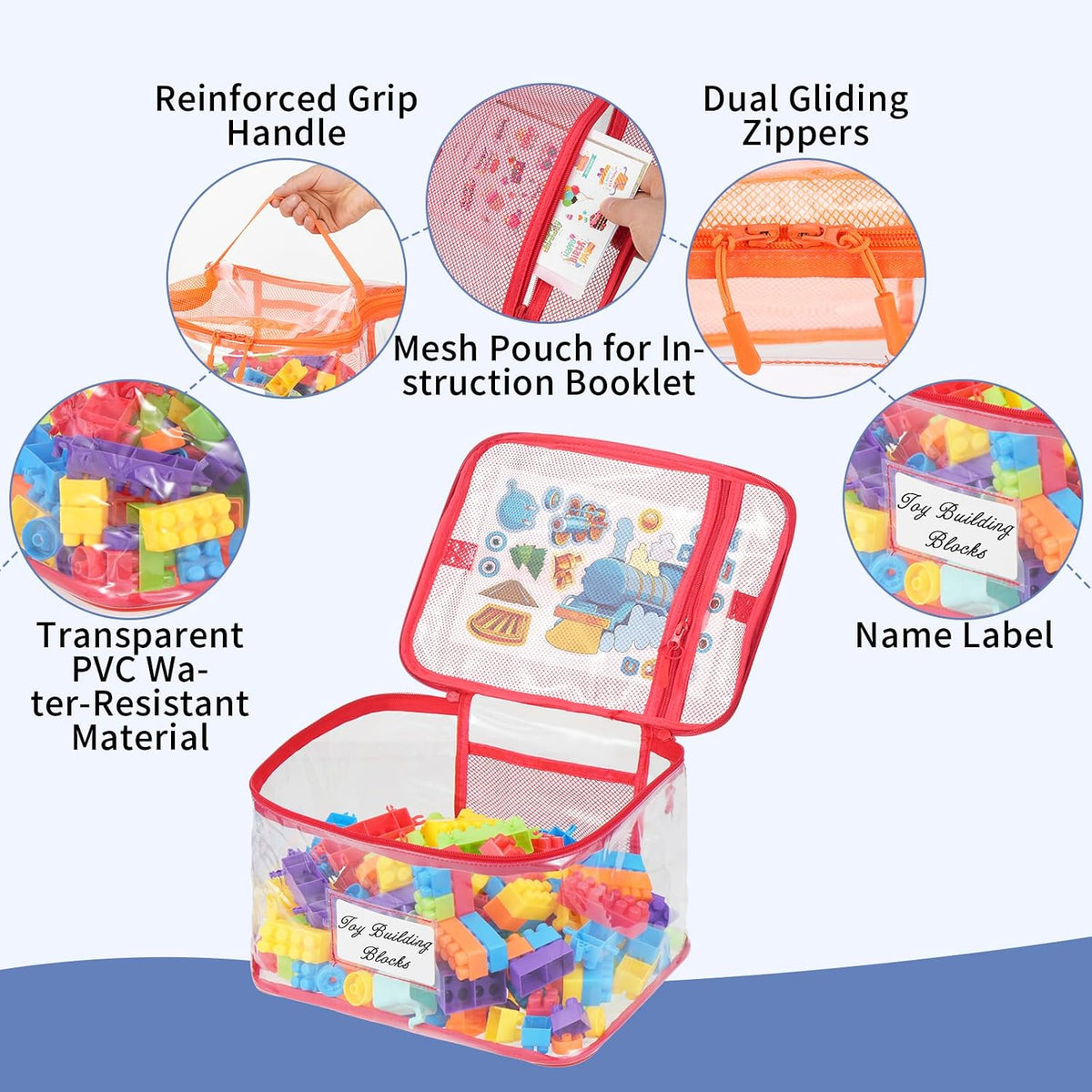 6 Pack Clear Toy Storage Bags for Building Blocks Large Waterproof Toy Organizer Bags with Mesh Pocket and Labels Reusable Storage Containers for Board Game Puzzles Building Blocks Stationery