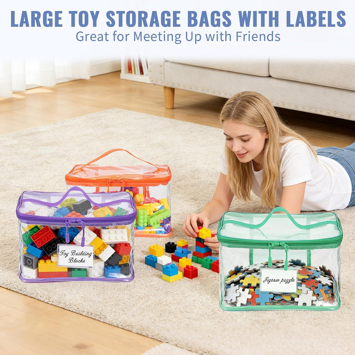 6 Pack Clear Toy Storage Bags for Building Blocks Large Waterproof Toy Organizer Bags with Mesh Pocket and Labels Reusable Storage Containers for Board Game Puzzles Building Blocks Stationery