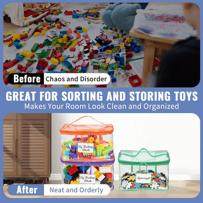 6 Pack Clear Toy Storage Bags for Building Blocks Large Waterproof Toy Organizer Bags with Mesh Pocket and Labels Reusable Storage Containers for Board Game Puzzles Building Blocks Stationery
