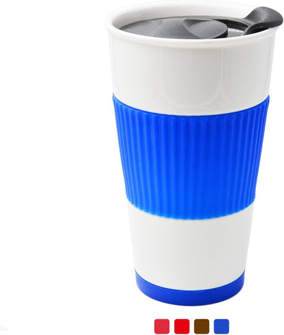 Gentle Ceramic Double Wall Insulated Travel Coffee Cup, 10oz, Coffee | Slider Lid, Silicone Sleeve & Built-In Coaster, Drip-Free, Non-Slip, No Sound, On-The-Go, Microwave-Safe & Dishwash-Safe