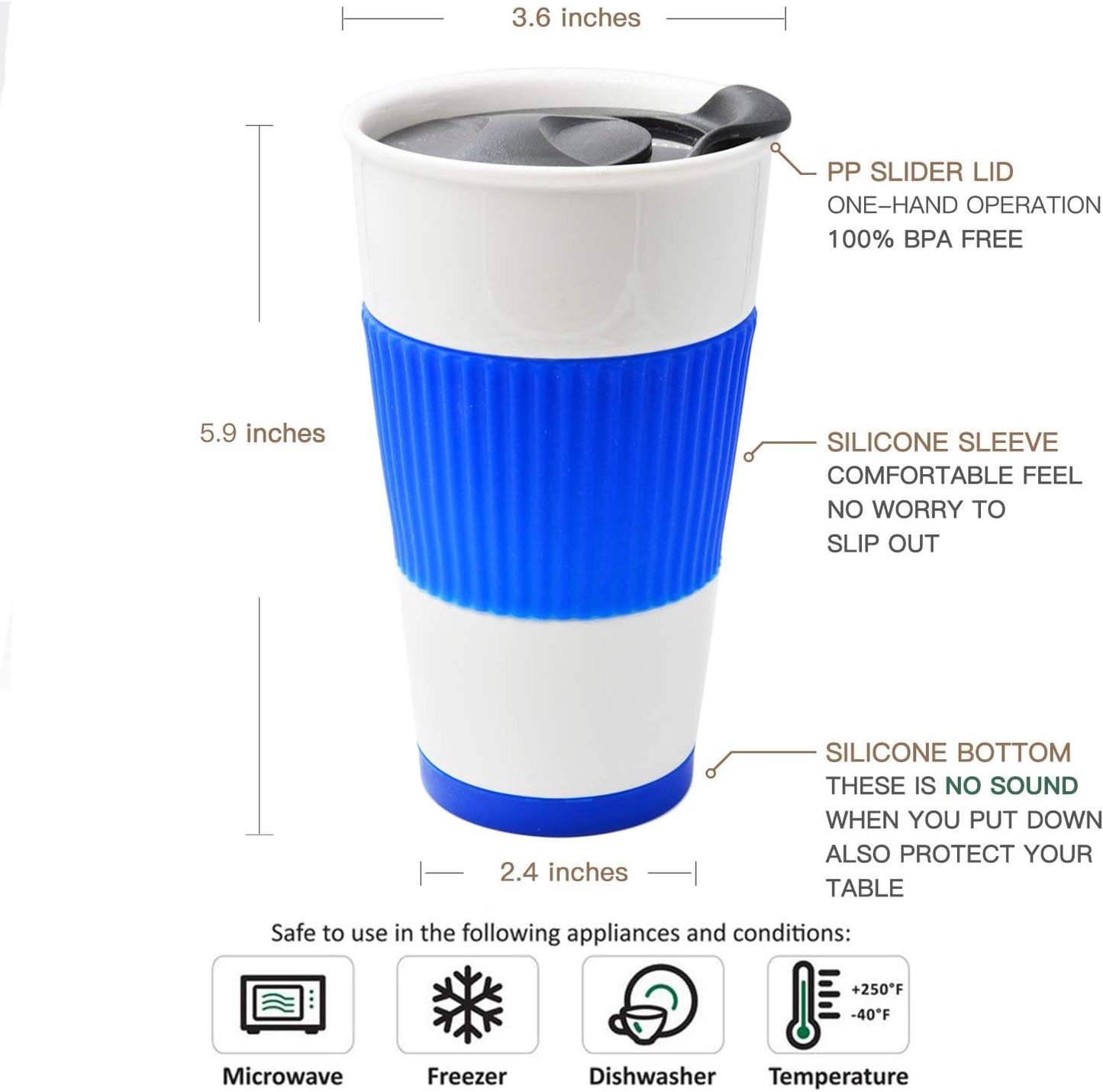 Gentle Ceramic Double Wall Insulated Travel Coffee Cup, 10oz, Coffee | Slider Lid, Silicone Sleeve & Built-In Coaster, Drip-Free, Non-Slip, No Sound, On-The-Go, Microwave-Safe & Dishwash-Safe