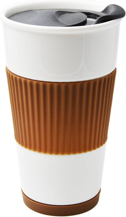 Gentle Ceramic Double Wall Insulated Travel Coffee Cup, 10oz, Coffee | Slider Lid, Silicone Sleeve & Built-In Coaster, Drip-Free, Non-Slip, No Sound, On-The-Go, Microwave-Safe & Dishwash-Safe