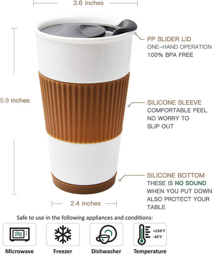 Gentle Ceramic Double Wall Insulated Travel Coffee Cup, 10oz, Coffee | Slider Lid, Silicone Sleeve & Built-In Coaster, Drip-Free, Non-Slip, No Sound, On-The-Go, Microwave-Safe & Dishwash-Safe