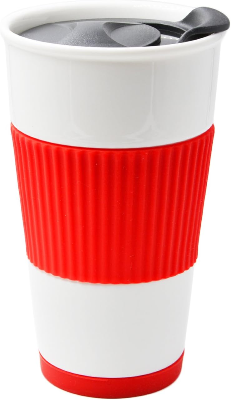 Gentle Ceramic Double Wall Insulated Travel Coffee Cup, 10oz, Coffee | Slider Lid, Silicone Sleeve & Built-In Coaster, Drip-Free, Non-Slip, No Sound, On-The-Go, Microwave-Safe & Dishwash-Safe