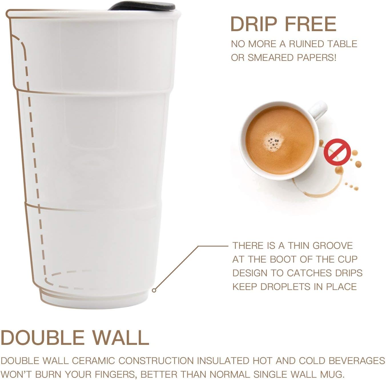 Gentle Ceramic Double Wall Insulated Travel Coffee Cup, 10oz, Coffee | Slider Lid, Silicone Sleeve & Built-In Coaster, Drip-Free, Non-Slip, No Sound, On-The-Go, Microwave-Safe & Dishwash-Safe