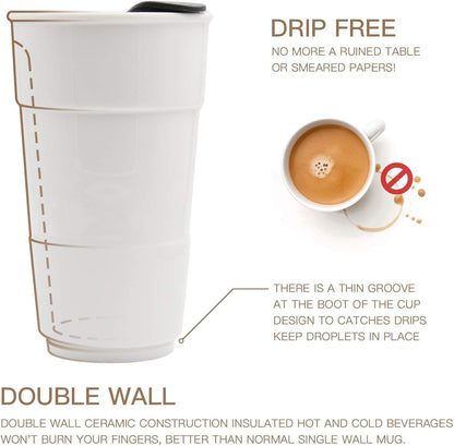 Gentle Ceramic Double Wall Insulated Travel Coffee Cup, 10oz, Coffee | Slider Lid, Silicone Sleeve & Built-In Coaster, Drip-Free, Non-Slip, No Sound, On-The-Go, Microwave-Safe & Dishwash-Safe