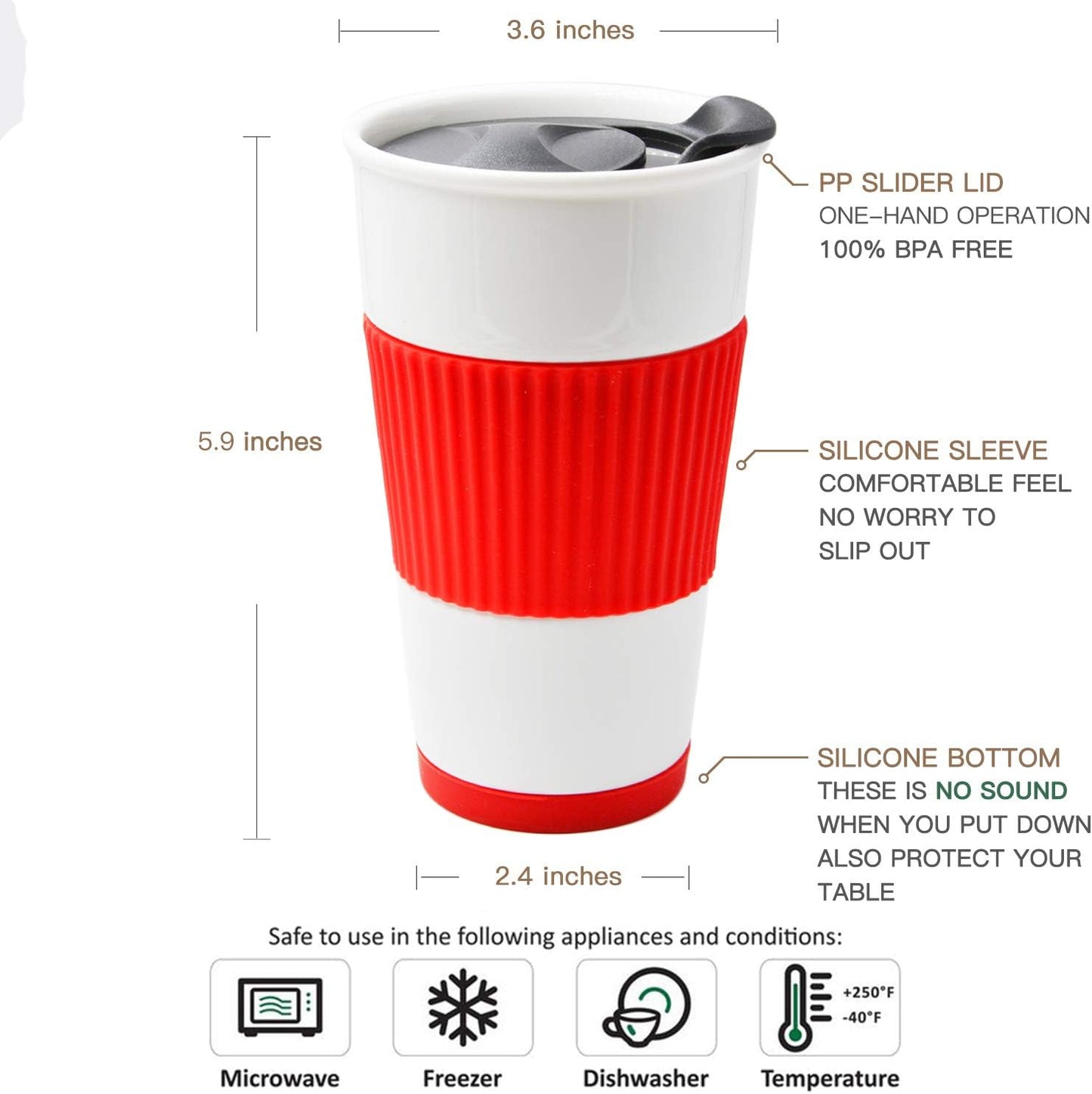 Gentle Ceramic Double Wall Insulated Travel Coffee Cup, 10oz, Coffee | Slider Lid, Silicone Sleeve & Built-In Coaster, Drip-Free, Non-Slip, No Sound, On-The-Go, Microwave-Safe & Dishwash-Safe