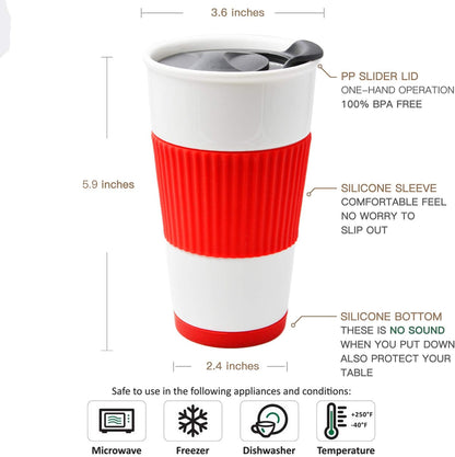 Gentle Ceramic Double Wall Insulated Travel Coffee Cup, 10oz, Coffee | Slider Lid, Silicone Sleeve & Built-In Coaster, Drip-Free, Non-Slip, No Sound, On-The-Go, Microwave-Safe & Dishwash-Safe