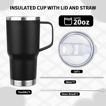20oz Insulated Tumbler with Handle Stainless Steel Travel Coffee Mug with Lid and Straw Double Wall Vacuum Leak-proof Reusable Thermal Water Cup for Hot and Cold Drinks (Black,1 Pack)