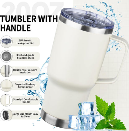 20oz Insulated Tumbler with Handle Stainless Steel Travel Coffee Mug with Lid and Straw Double Wall Vacuum Leak-proof Reusable Thermal Water Cup for Hot and Cold Drinks (Black,1 Pack)