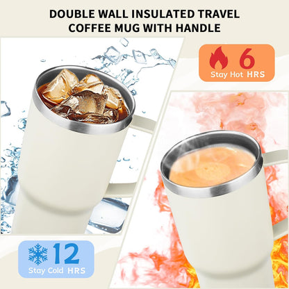 20oz Insulated Tumbler with Handle Stainless Steel Travel Coffee Mug with Lid and Straw Double Wall Vacuum Leak-proof Reusable Thermal Water Cup for Hot and Cold Drinks (Black,1 Pack)