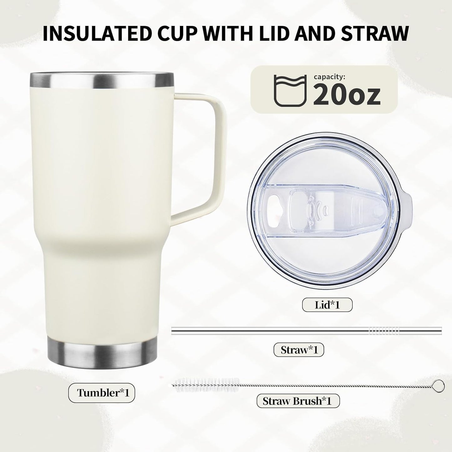 20oz Insulated Tumbler with Handle Stainless Steel Travel Coffee Mug with Lid and Straw Double Wall Vacuum Leak-proof Reusable Thermal Water Cup for Hot and Cold Drinks (Black,1 Pack)