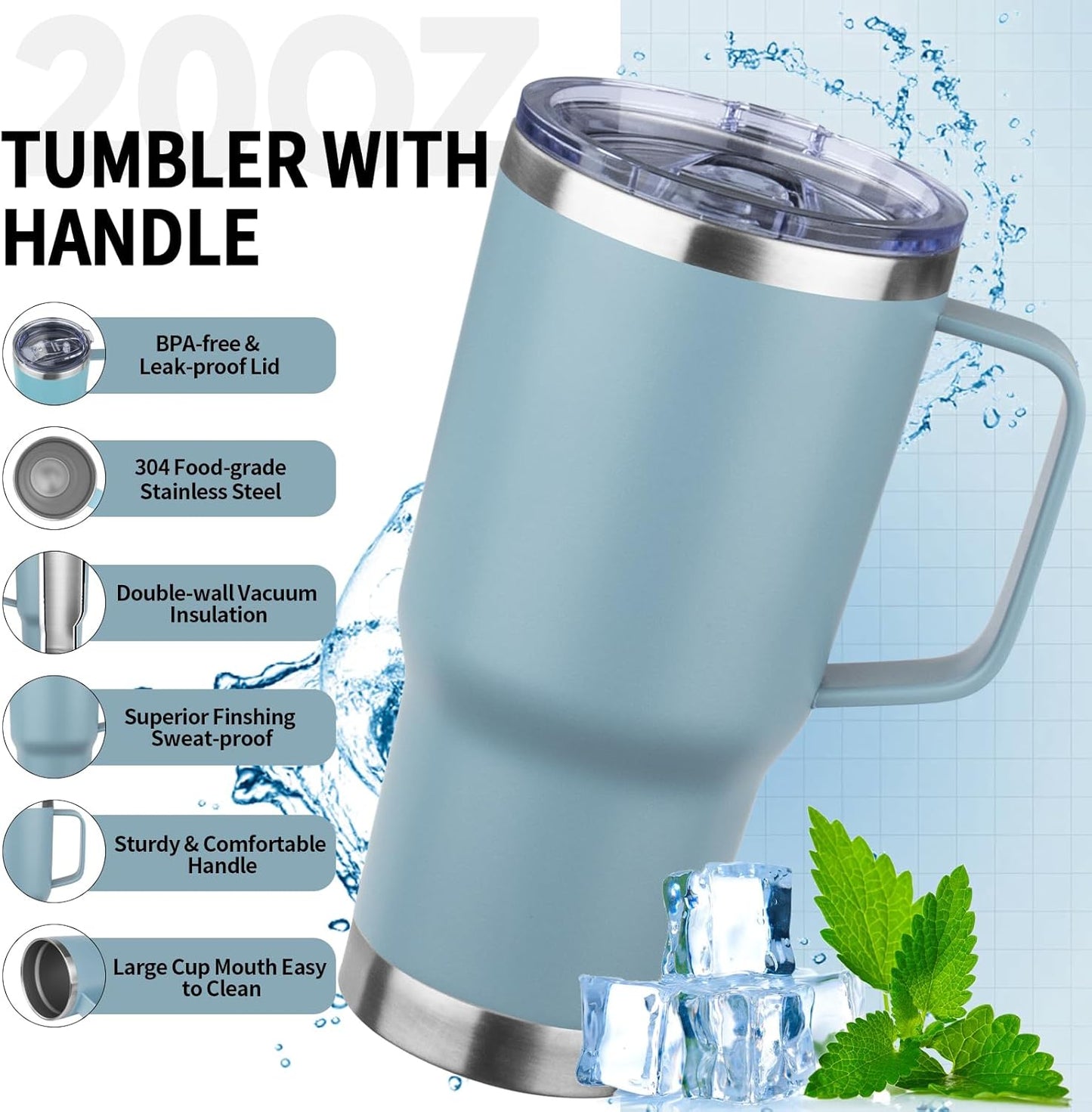 20oz Insulated Tumbler with Handle Stainless Steel Travel Coffee Mug with Lid and Straw Double Wall Vacuum Leak-proof Reusable Thermal Water Cup for Hot and Cold Drinks (Black,1 Pack)