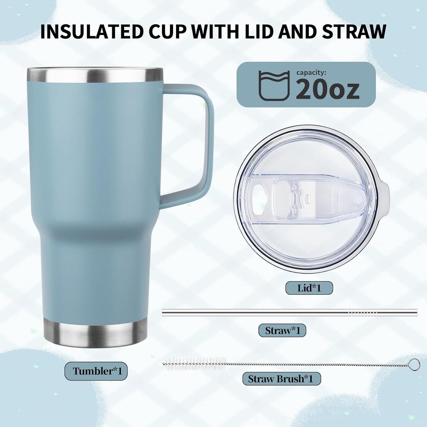 20oz Insulated Tumbler with Handle Stainless Steel Travel Coffee Mug with Lid and Straw Double Wall Vacuum Leak-proof Reusable Thermal Water Cup for Hot and Cold Drinks (Black,1 Pack)