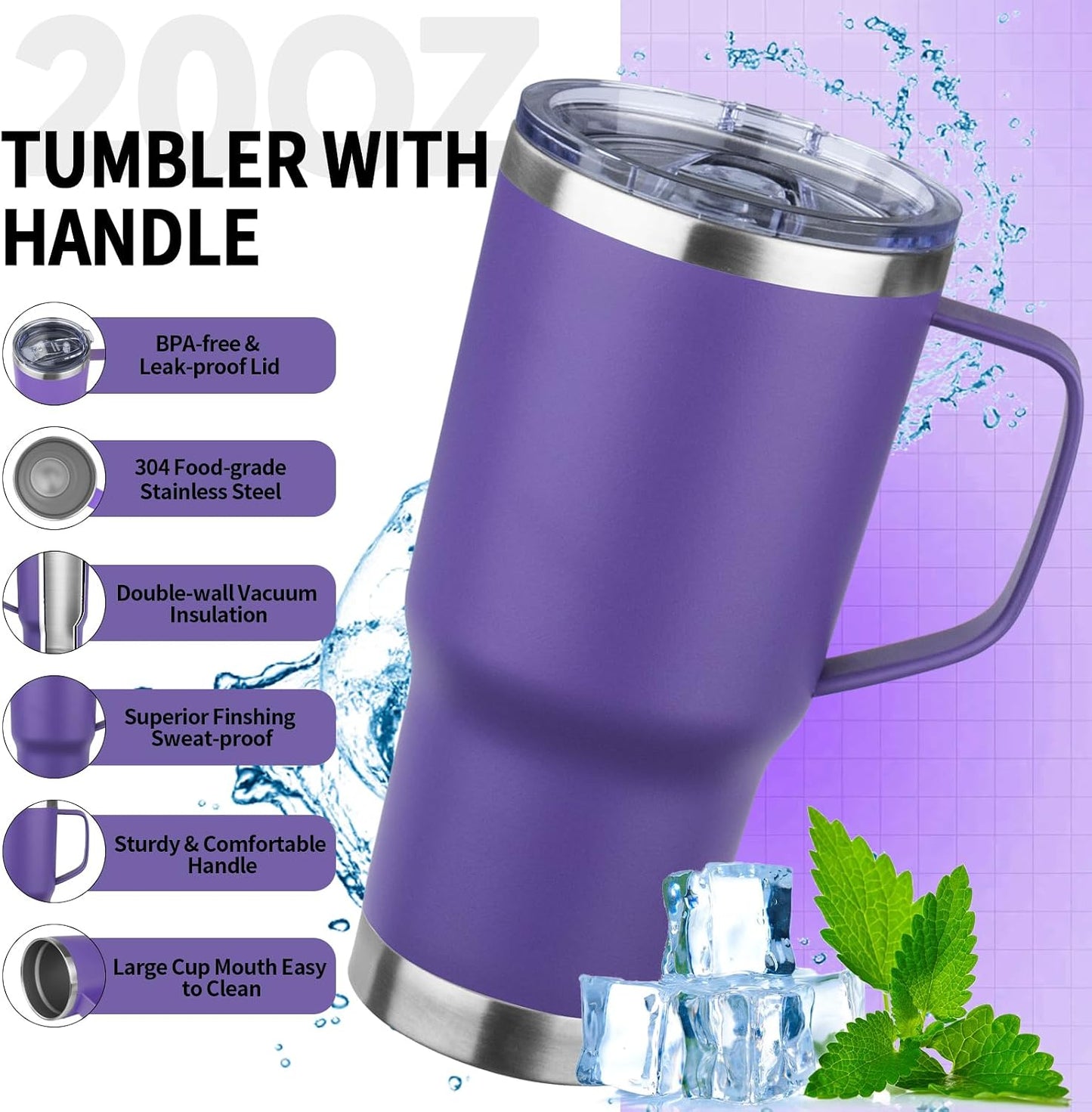 20oz Insulated Tumbler with Handle Stainless Steel Travel Coffee Mug with Lid and Straw Double Wall Vacuum Leak-proof Reusable Thermal Water Cup for Hot and Cold Drinks (Black,1 Pack)