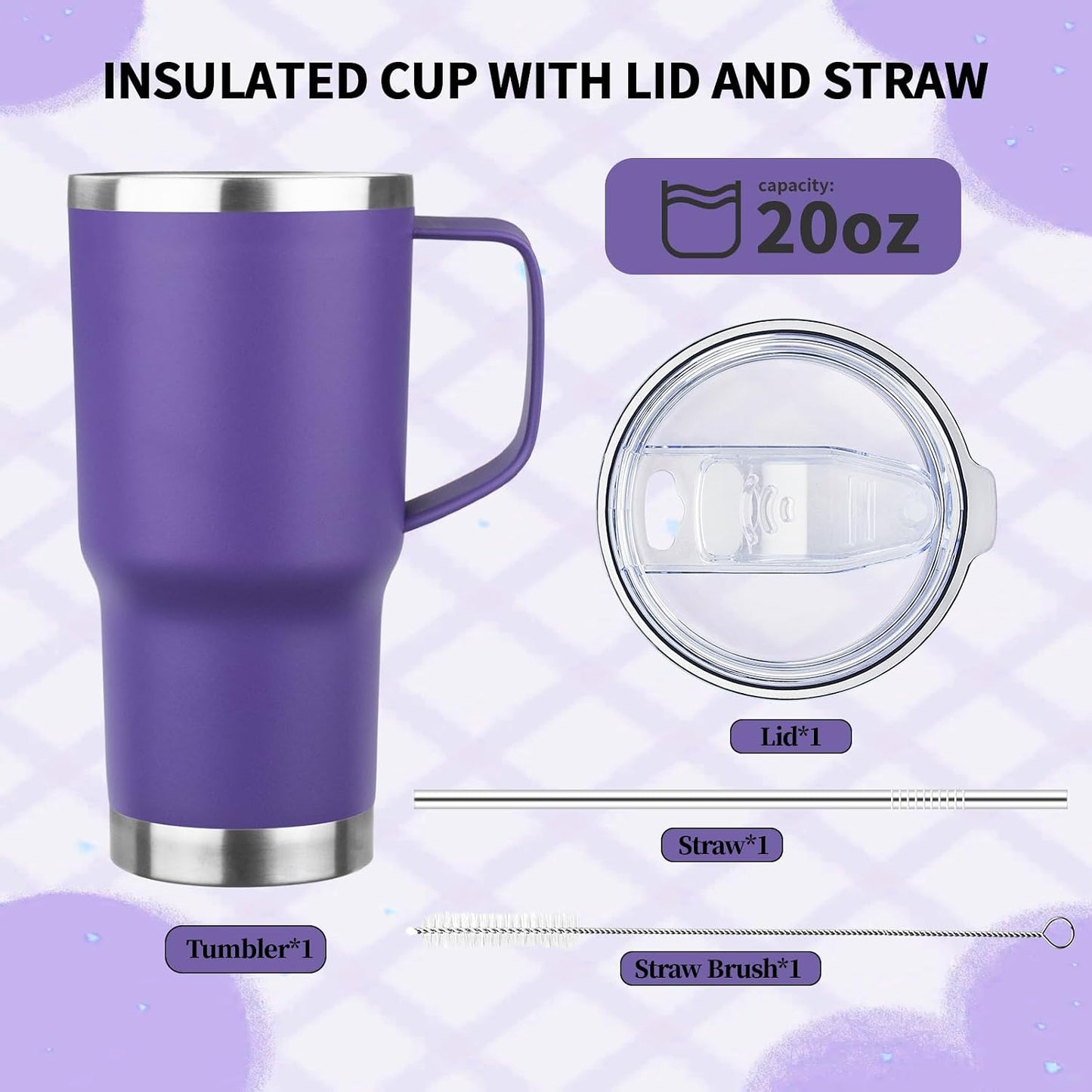 20oz Insulated Tumbler with Handle Stainless Steel Travel Coffee Mug with Lid and Straw Double Wall Vacuum Leak-proof Reusable Thermal Water Cup for Hot and Cold Drinks (Black,1 Pack)