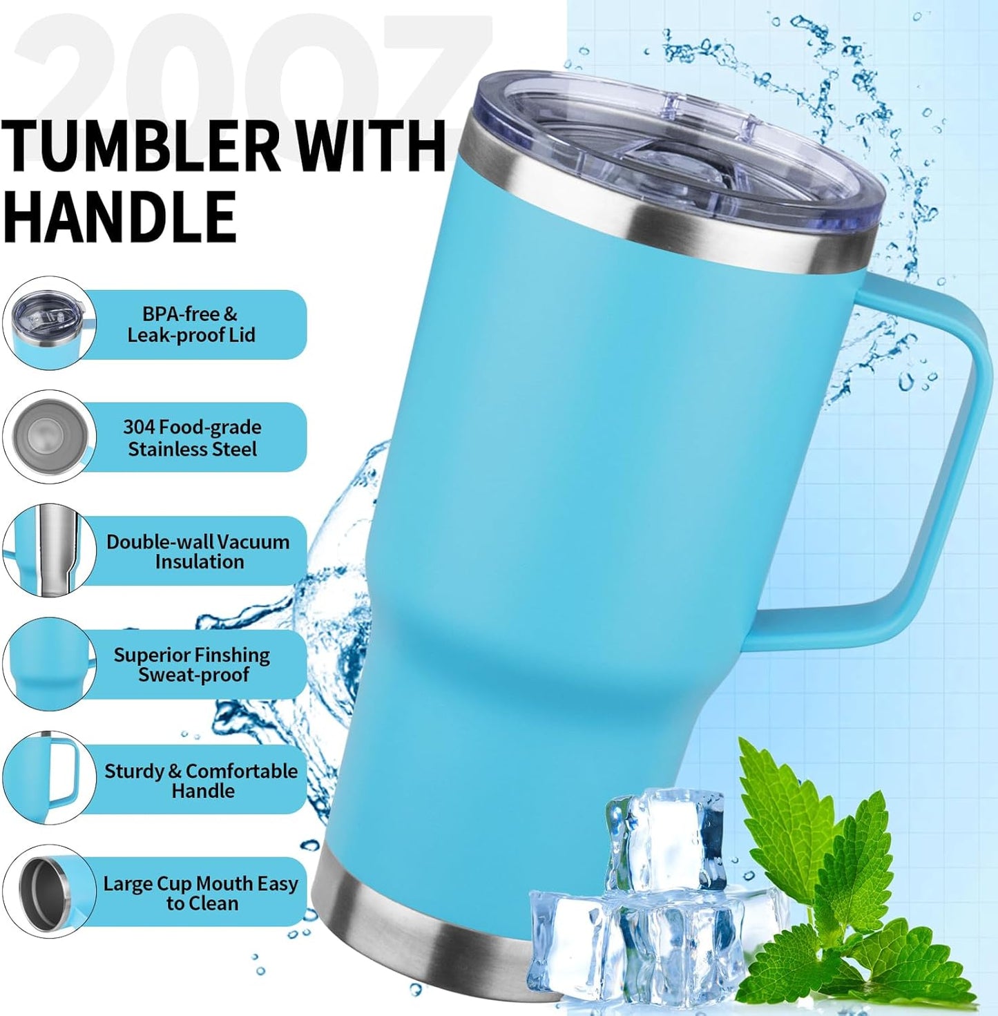 20oz Insulated Tumbler with Handle Stainless Steel Travel Coffee Mug with Lid and Straw Double Wall Vacuum Leak-proof Reusable Thermal Water Cup for Hot and Cold Drinks (Black,1 Pack)
