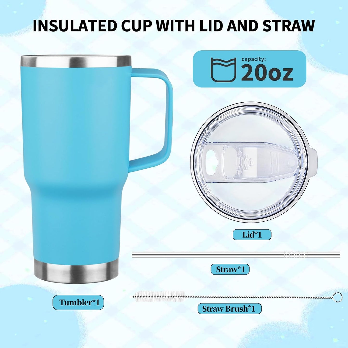 20oz Insulated Tumbler with Handle Stainless Steel Travel Coffee Mug with Lid and Straw Double Wall Vacuum Leak-proof Reusable Thermal Water Cup for Hot and Cold Drinks (Black,1 Pack)