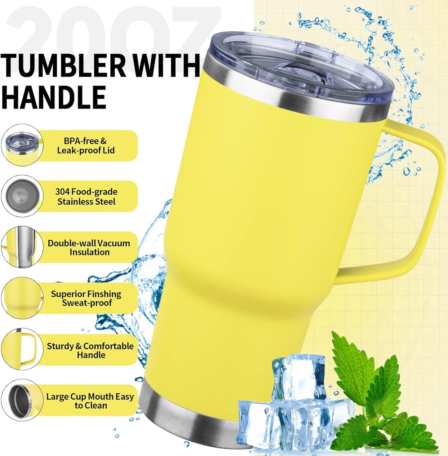 20oz Insulated Tumbler with Handle Stainless Steel Travel Coffee Mug with Lid and Straw Double Wall Vacuum Leak-proof Reusable Thermal Water Cup for Hot and Cold Drinks (Black,1 Pack)
