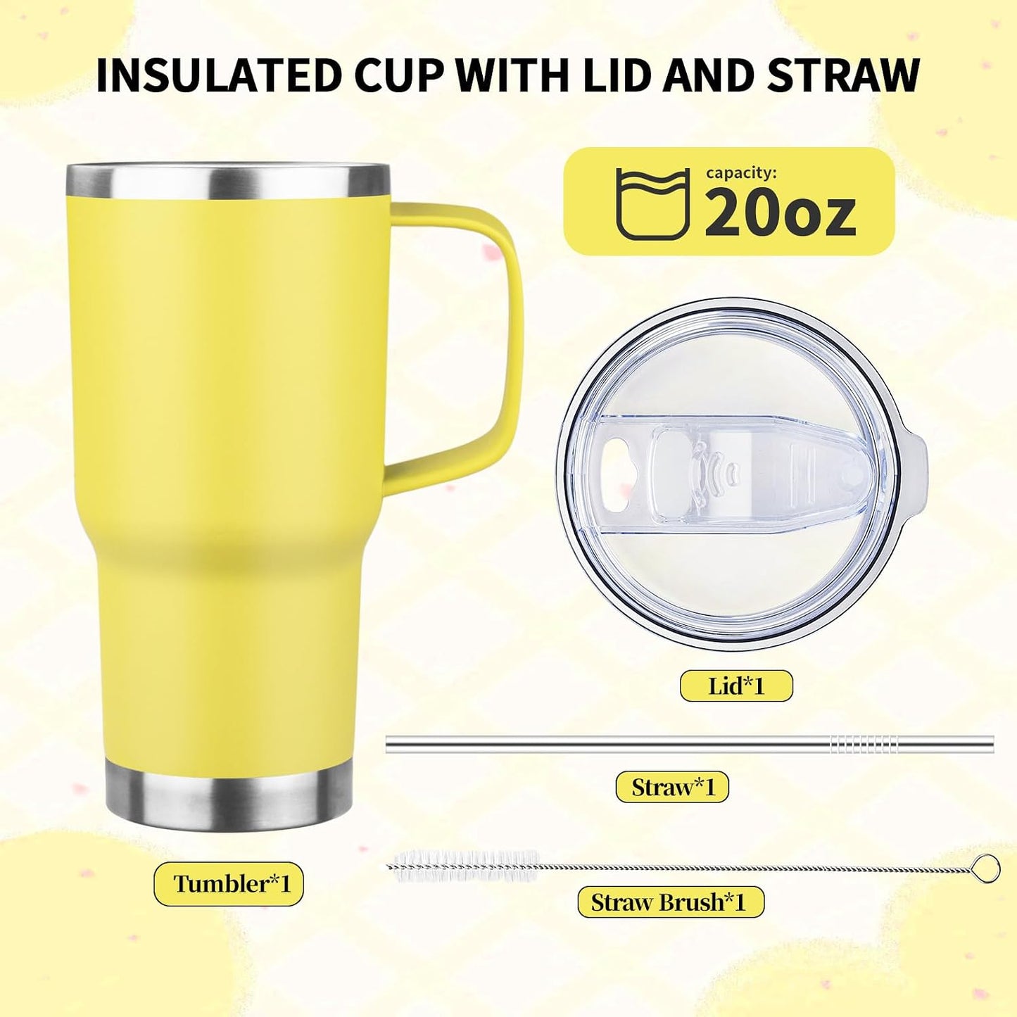 20oz Insulated Tumbler with Handle Stainless Steel Travel Coffee Mug with Lid and Straw Double Wall Vacuum Leak-proof Reusable Thermal Water Cup for Hot and Cold Drinks (Black,1 Pack)