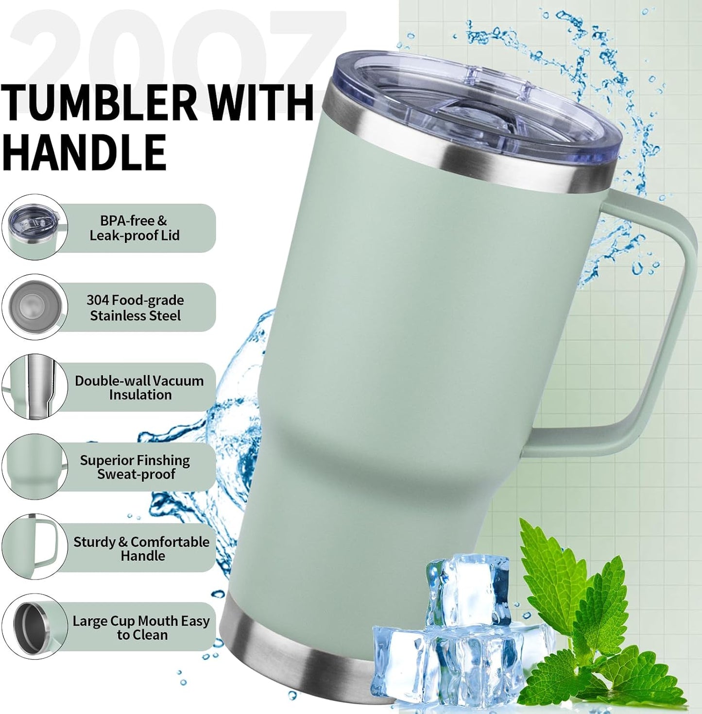 20oz Insulated Tumbler with Handle Stainless Steel Travel Coffee Mug with Lid and Straw Double Wall Vacuum Leak-proof Reusable Thermal Water Cup for Hot and Cold Drinks (Black,1 Pack)