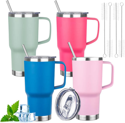 20oz Insulated Tumbler with Handle Stainless Steel Travel Coffee Mug with Lid and Straw Double Wall Vacuum Leak-proof Reusable Thermal Water Cup for Hot and Cold Drinks (Black,1 Pack)