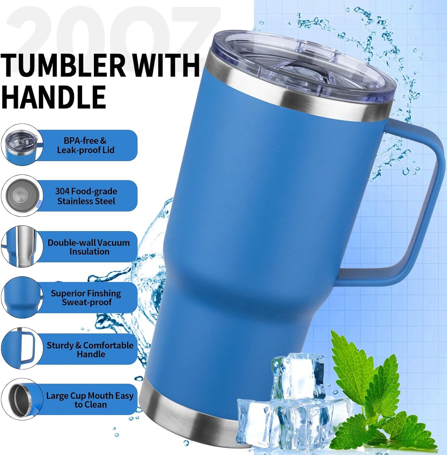 20oz Insulated Tumbler with Handle Stainless Steel Travel Coffee Mug with Lid and Straw Double Wall Vacuum Leak-proof Reusable Thermal Water Cup for Hot and Cold Drinks (Black,1 Pack)