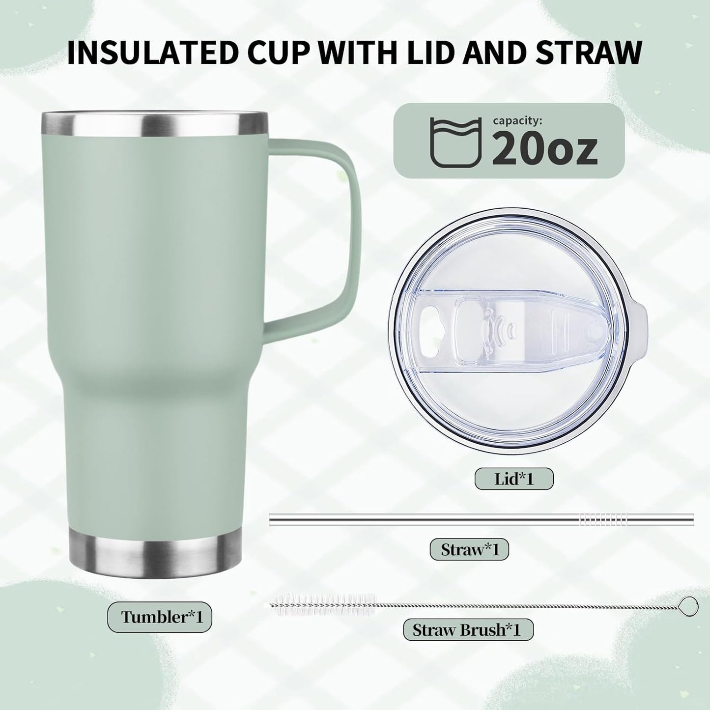 20oz Insulated Tumbler with Handle Stainless Steel Travel Coffee Mug with Lid and Straw Double Wall Vacuum Leak-proof Reusable Thermal Water Cup for Hot and Cold Drinks (Black,1 Pack)