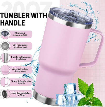 20oz Insulated Tumbler with Handle Stainless Steel Travel Coffee Mug with Lid and Straw Double Wall Vacuum Leak-proof Reusable Thermal Water Cup for Hot and Cold Drinks (Black,1 Pack)