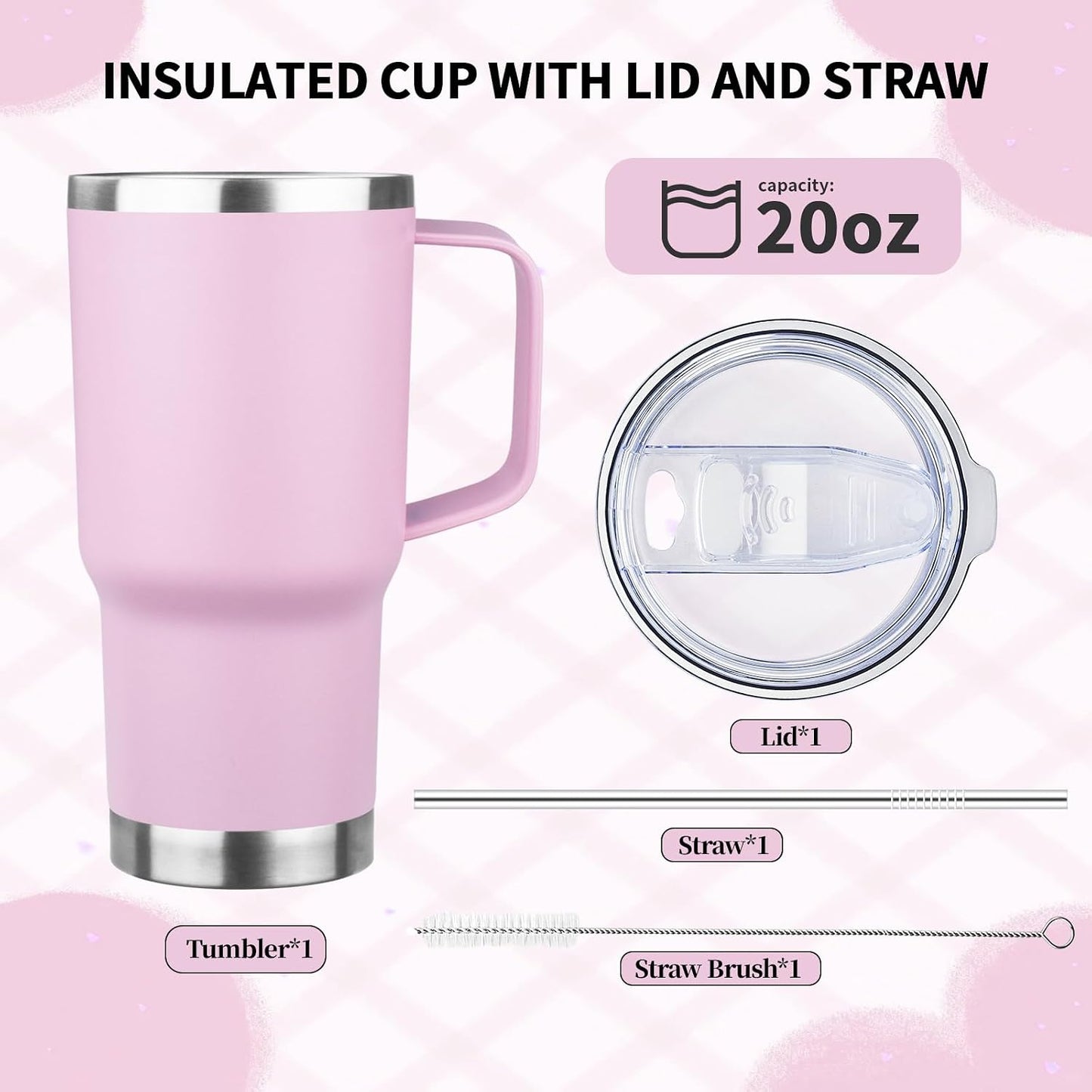 20oz Insulated Tumbler with Handle Stainless Steel Travel Coffee Mug with Lid and Straw Double Wall Vacuum Leak-proof Reusable Thermal Water Cup for Hot and Cold Drinks (Black,1 Pack)