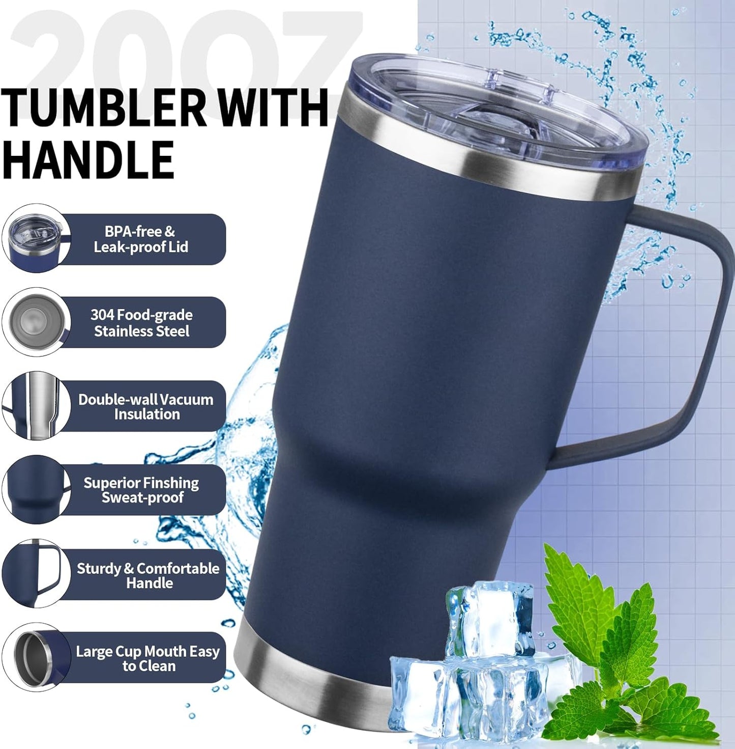 20oz Insulated Tumbler with Handle Stainless Steel Travel Coffee Mug with Lid and Straw Double Wall Vacuum Leak-proof Reusable Thermal Water Cup for Hot and Cold Drinks (Black,1 Pack)