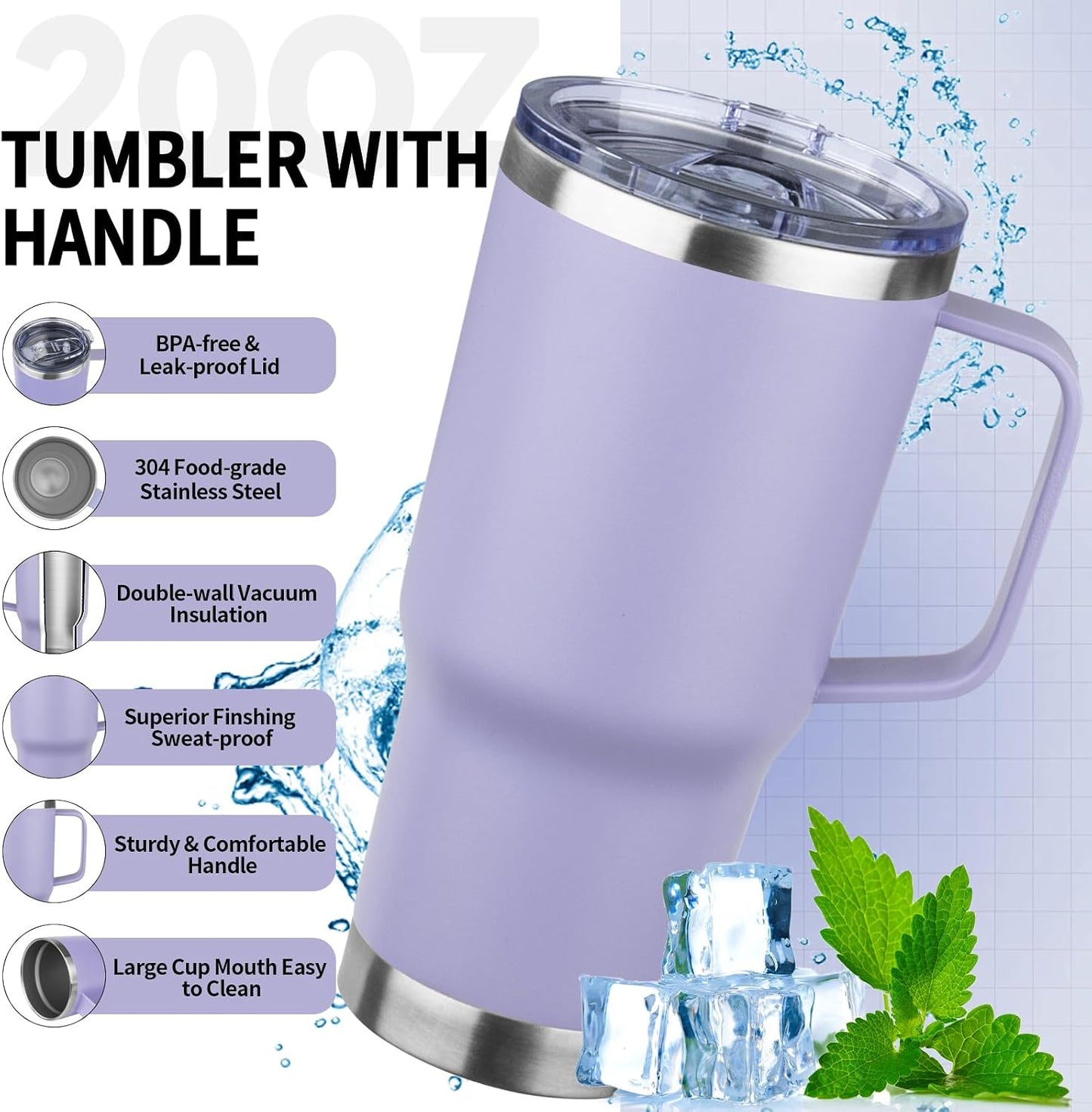 20oz Insulated Tumbler with Handle Stainless Steel Travel Coffee Mug with Lid and Straw Double Wall Vacuum Leak-proof Reusable Thermal Water Cup for Hot and Cold Drinks (Black,1 Pack)