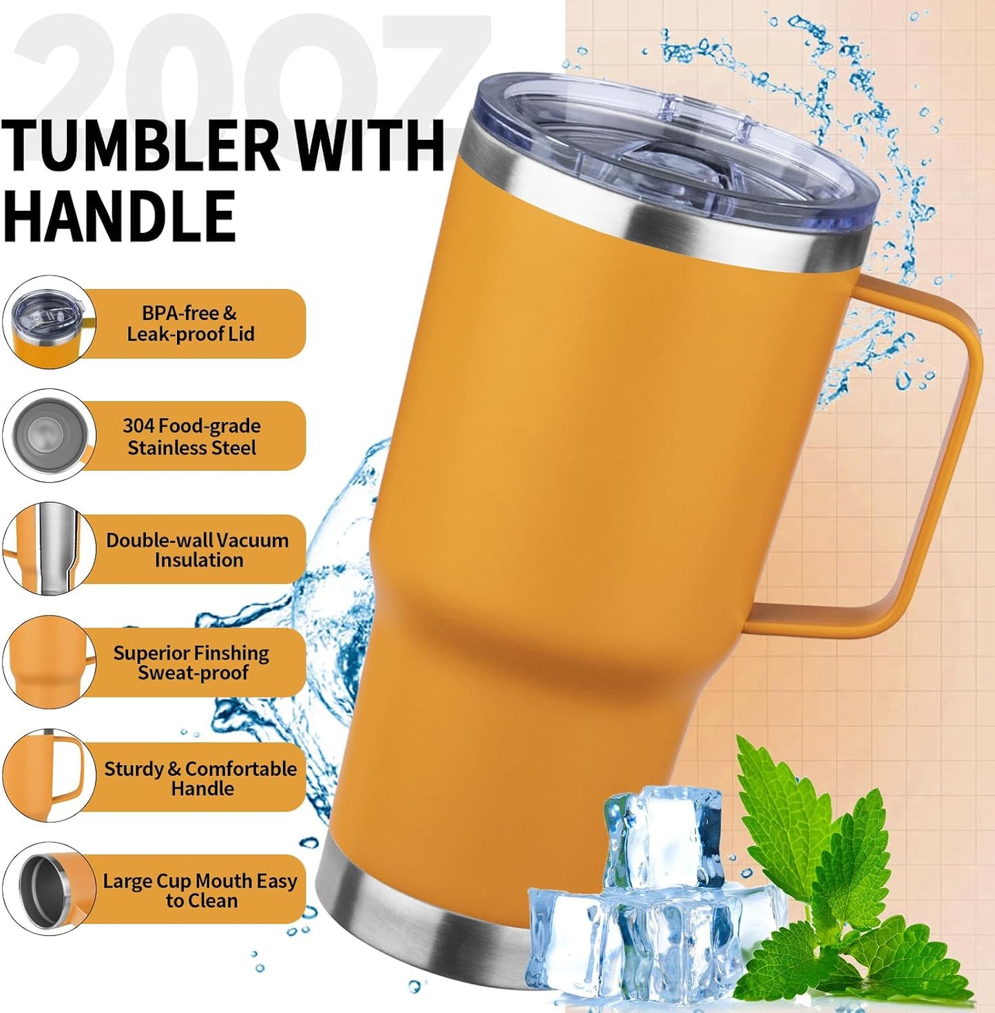 20oz Insulated Tumbler with Handle Stainless Steel Travel Coffee Mug with Lid and Straw Double Wall Vacuum Leak-proof Reusable Thermal Water Cup for Hot and Cold Drinks (Black,1 Pack)