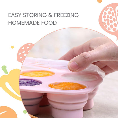 Silicone Foldable and Portable Baby Food Freezer Tray with Lid, Storage Container for Homemade Baby Food, Veggie & Fruit Purees, Green.