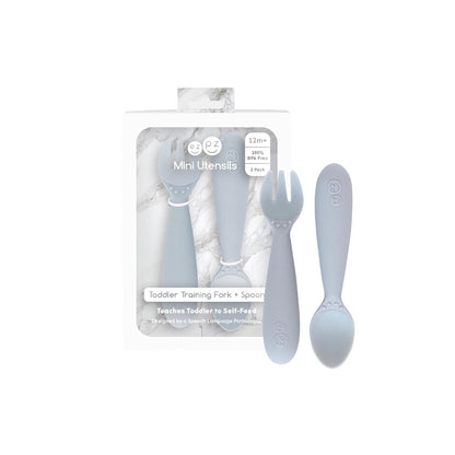 Mini Mat (Blush) + Mini Utensils (Fork & Spoon in Pewter) - Toddler essentials mat and spoon