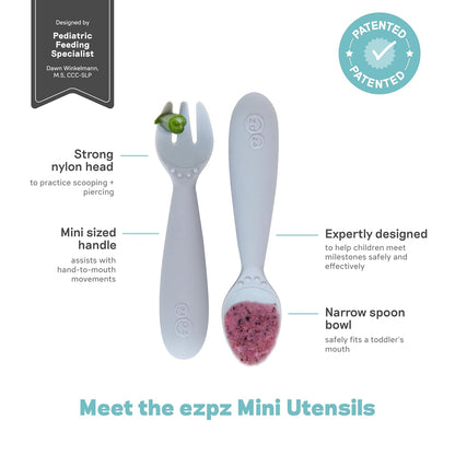 Mini Mat (Blush) + Mini Utensils (Fork & Spoon in Pewter) - Toddler essentials mat and spoon