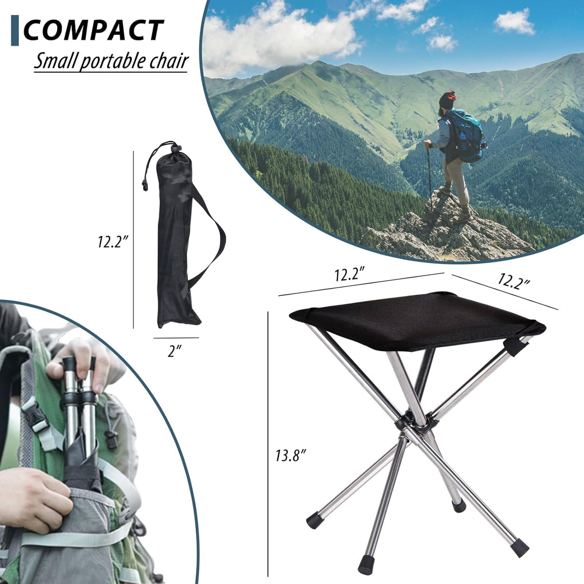 13.8in Portable Camping Stool, Compact Lightweight Folding Chair for Adults