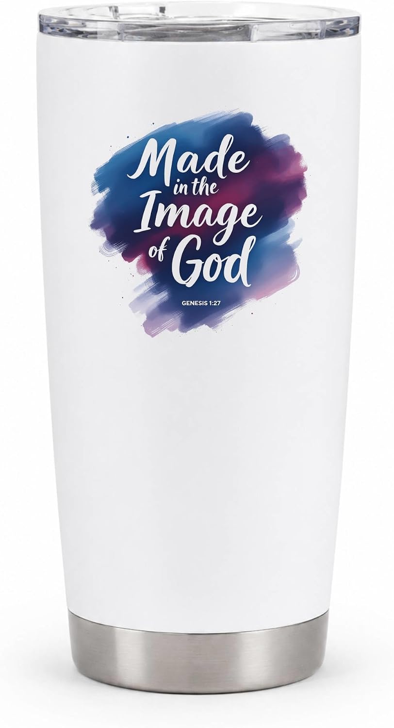 Made in the Image of God Genesis 1:27 White 20oz Tumbler | Scripture-Inspired Artwork Featuring a Vibrant Watercolor Motif for Daily Reflection on Identity and Faith