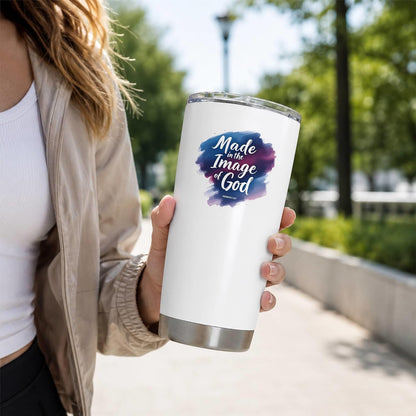 Made in the Image of God Genesis 1:27 White 20oz Tumbler | Scripture-Inspired Artwork Featuring a Vibrant Watercolor Motif for Daily Reflection on Identity and Faith