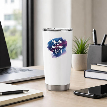 Made in the Image of God Genesis 1:27 White 20oz Tumbler | Scripture-Inspired Artwork Featuring a Vibrant Watercolor Motif for Daily Reflection on Identity and Faith
