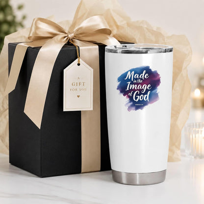 Made in the Image of God Genesis 1:27 White 20oz Tumbler | Scripture-Inspired Artwork Featuring a Vibrant Watercolor Motif for Daily Reflection on Identity and Faith
