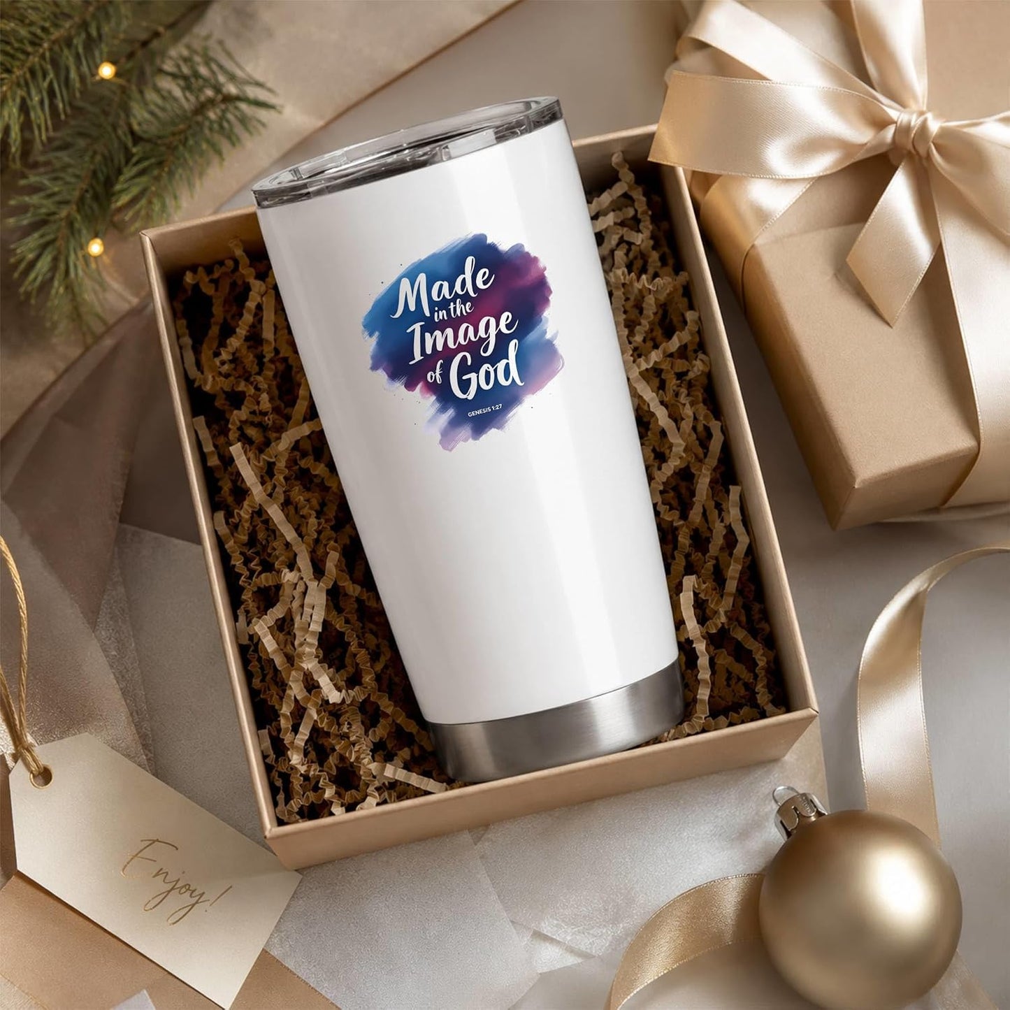 Made in the Image of God Genesis 1:27 White 20oz Tumbler | Scripture-Inspired Artwork Featuring a Vibrant Watercolor Motif for Daily Reflection on Identity and Faith